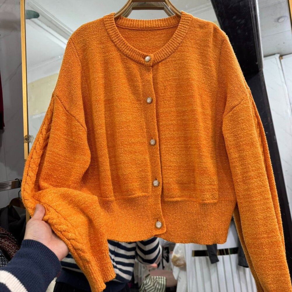 Orange Cozy Knit Cardigan Pearl Button Crew Neck Sweater 🧡